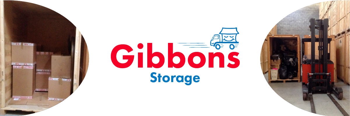 White background with photos of cardboard boxes in a truck, and a forklift lifting crates in a warehouse. Red and blue text reads "Gibbons Storage" above a moving blue truck icon.