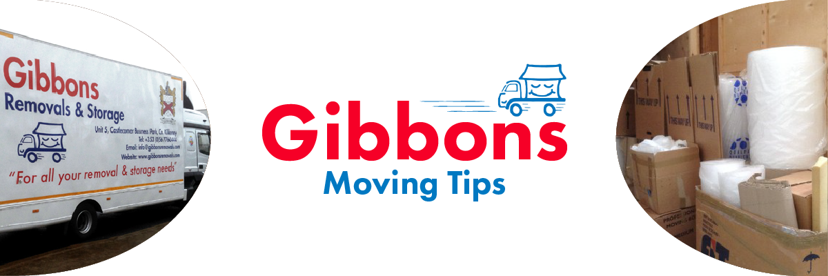 White background with a photo of a Gibbons truck and packaging materials. Red and blue text reads "Gibbons Moving Tips" above a moving blue truck icon.