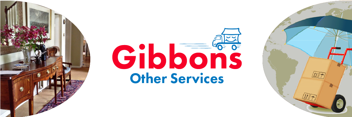 White background with photo of an antique dresser and an illustration of a cardboard box holding an umbrella over a world map. Red and blue text reads "Gibbons Other Services" above a moving blue truck icon.