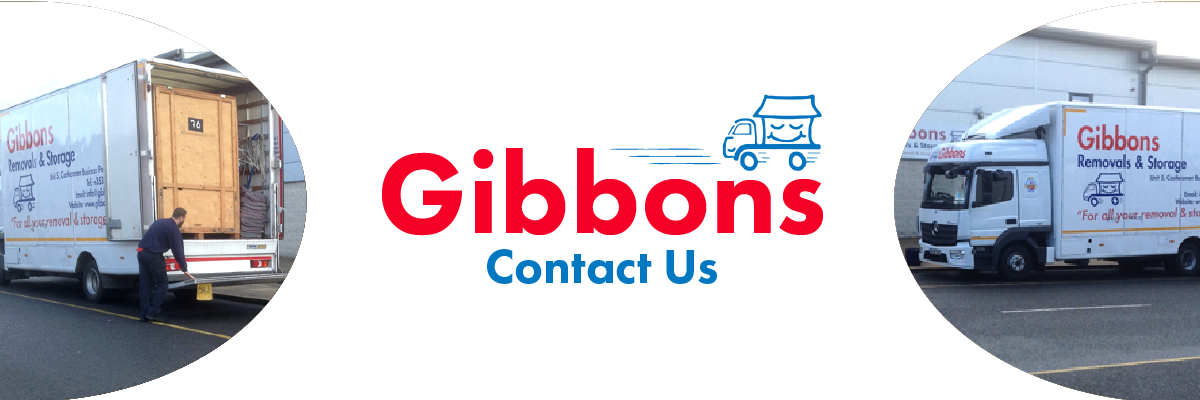 White background with two photos of Gibbons trucks. Red and blue text reads "Gibbons Contact Us" above a moving blue truck icon.