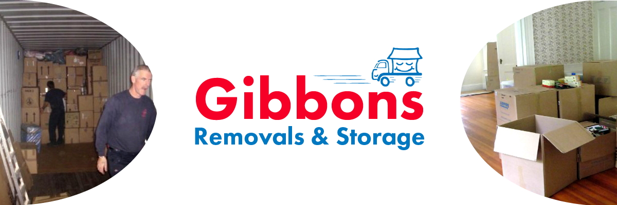 White background with photo of man packing boxes into a truck, and cardboard boxes in a sitting room. Red and blue text reads "Gibbons Removals & Storage" below an icon of a moving blue truck.