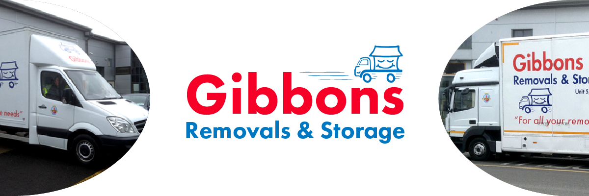 White background photos of two white Gibbons trucks. Red and blue text reads "Gibbons Removals & Storage" below an icon of a moving blue truck.