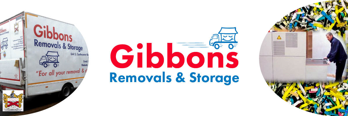 White background with photo of a white Gibbons truck and a man shredding paper. Red and blue text reads "Gibbons Removals & Storage" below an icon of a moving blue truck.