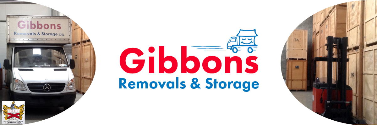 White background with photo of a white Gibbons truck and big boxes in a storage container. Red and blue text reads "Gibbons Removals & Storage" below an icon of a moving blue truck.