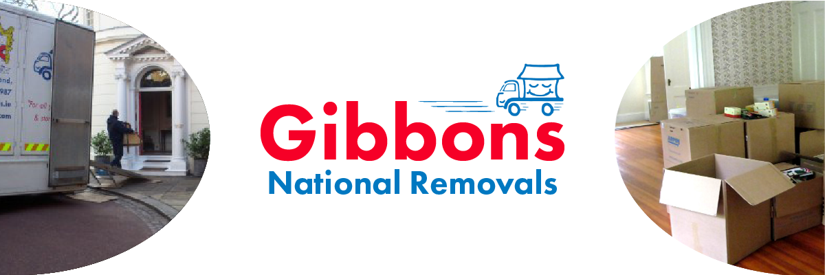 "Gibbons National Removals" with a moving truck blue icon. Photos of a courier moving packed boxes into a house from a moving truck, and packed boxes organised in a sitting room.