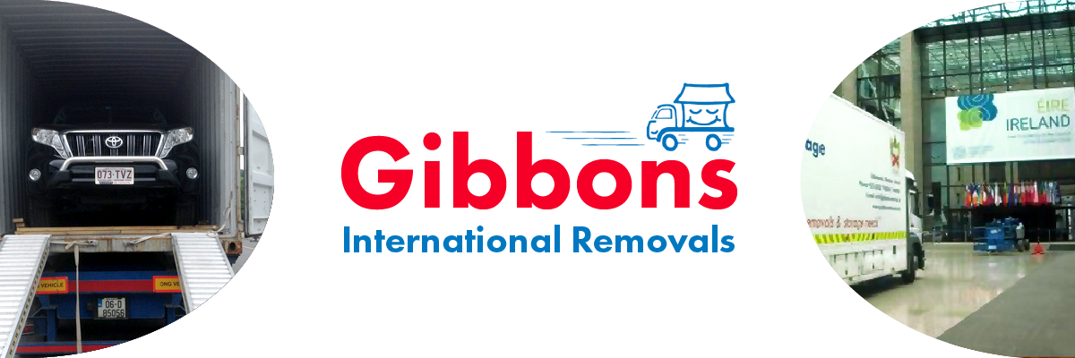 White background with photo of a car in a truck and a Gibbons truck waiting outside a ferry terminal that reads "Ireland Éire". Red and blue text reads "Gibbons International Removals" below an icon of a blue moving truck.