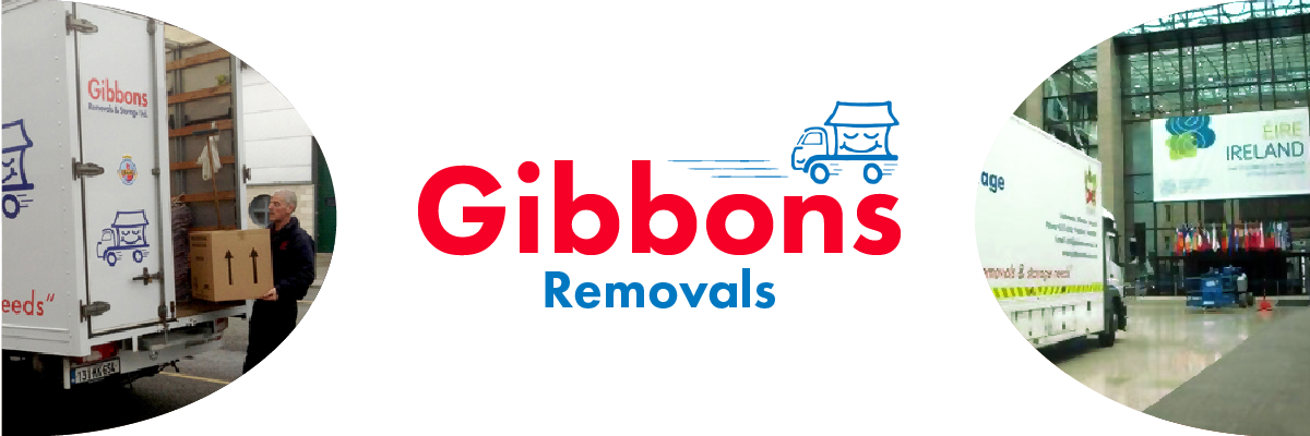 White background with photo of a man carrying boxes into a Gibbons truck and a photo of cardboard boxes in a house. Red and blue text reads "Gibbons Removals" below an icon of a blue moving truck.